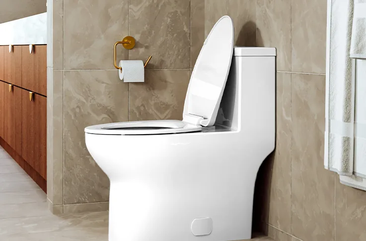 Modern one-piece toilet with brass accents in a tiled bathroom