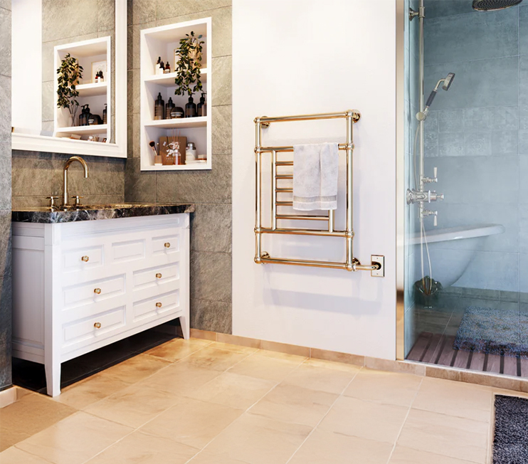 Luxury bathroom fixture showroom at Baths By Design Calgary showcasing Kohler and Brizo faucets, shower systems, and a modern marble vanity display with premium finishes.