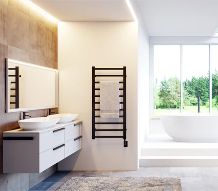 Modern luxury bathroom showroom interior at Baths By Design Calgary featuring freestanding copper and white pedestal sinks, contemporary wall-mounted faucets, illuminated mirrors, and glass shower displays.